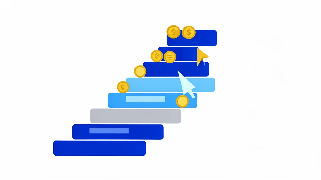 Illustration of a keyword bid ladder with coins and a cursor selecting the top tile