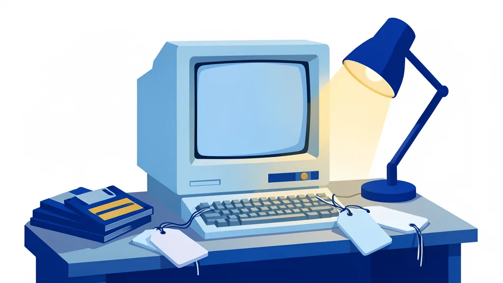 Illustration of a retro CRT computer with floppy disks and blank domain-name tags under a desk lamp