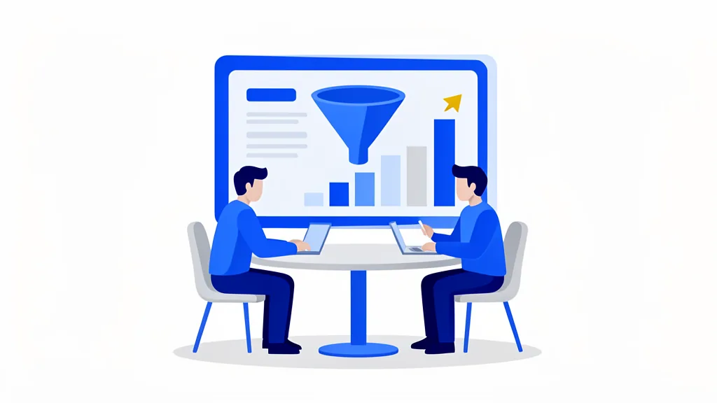 Illustration of two consultants at a table reviewing a conversion funnel and rising chart