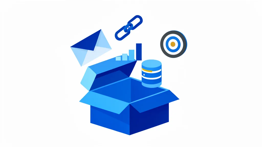 Illustration of an open toolbox with marketing tools: envelope, chain link, chart, database and target