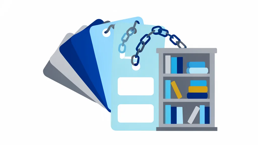 Illustration of fanned bookmark cards chained to a small bookshelf